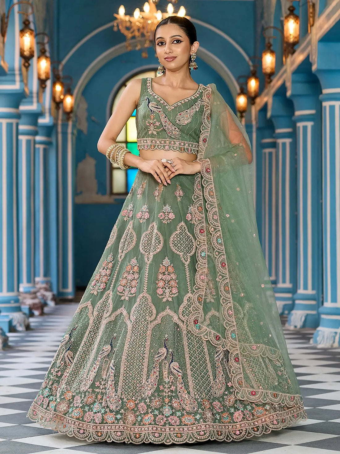 Lovable Olive Green Embroidered Net Mehendi Wear Lehenga With Blouse