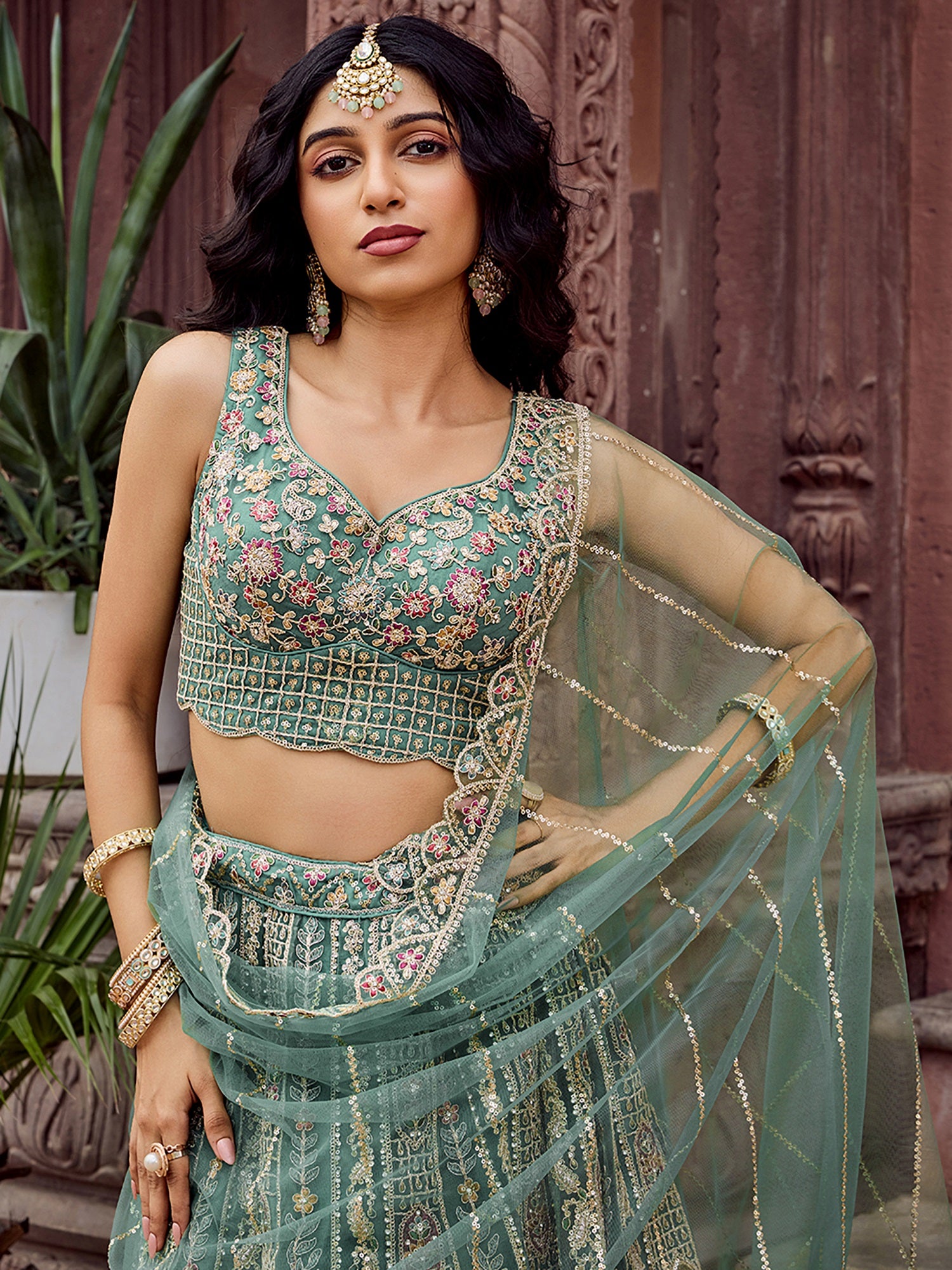 Noteworthy Lime Green Net Floral Embroidery Wedding Wear Lehenga Choli