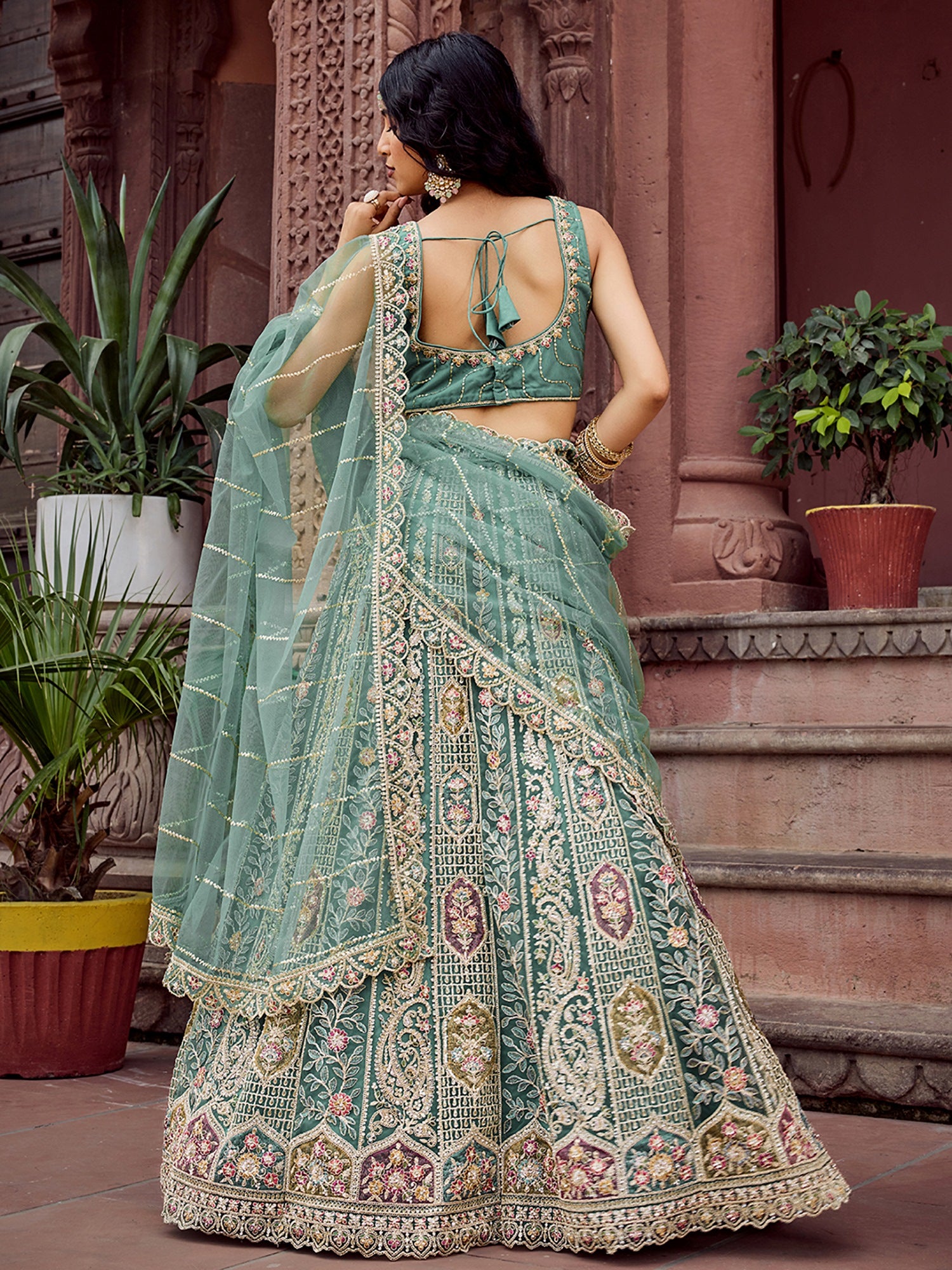 Noteworthy Lime Green Net Floral Embroidery Wedding Wear Lehenga Choli