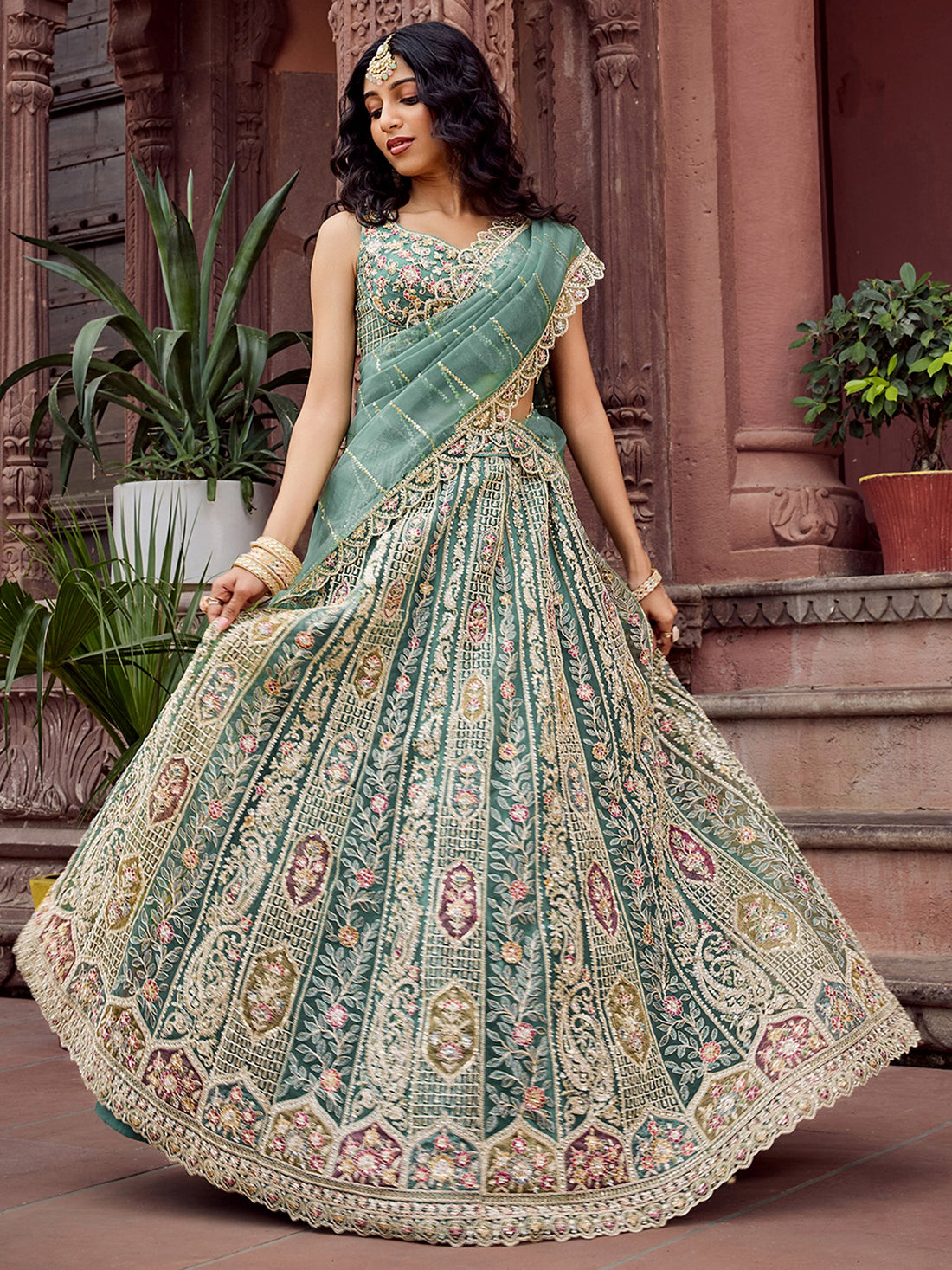 Noteworthy Lime Green Net Floral Embroidery Wedding Wear Lehenga Choli