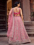 Regal Rose Gold Net Embroidered Engagement Wear Lehenga Choli With Dupatta