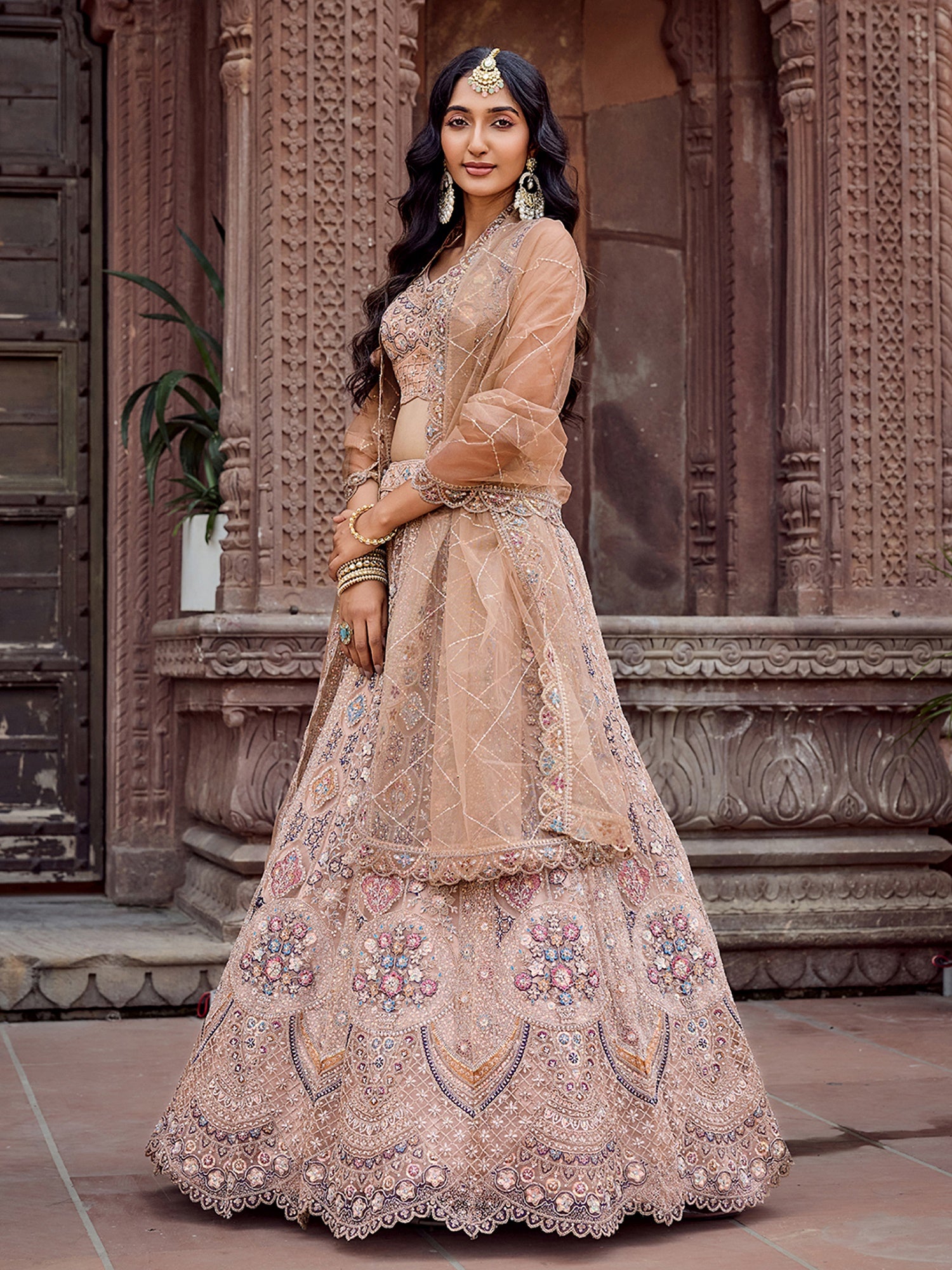 Extraordinary Beige Thread Work Net Traditional Lehenga Choli With Dupatta