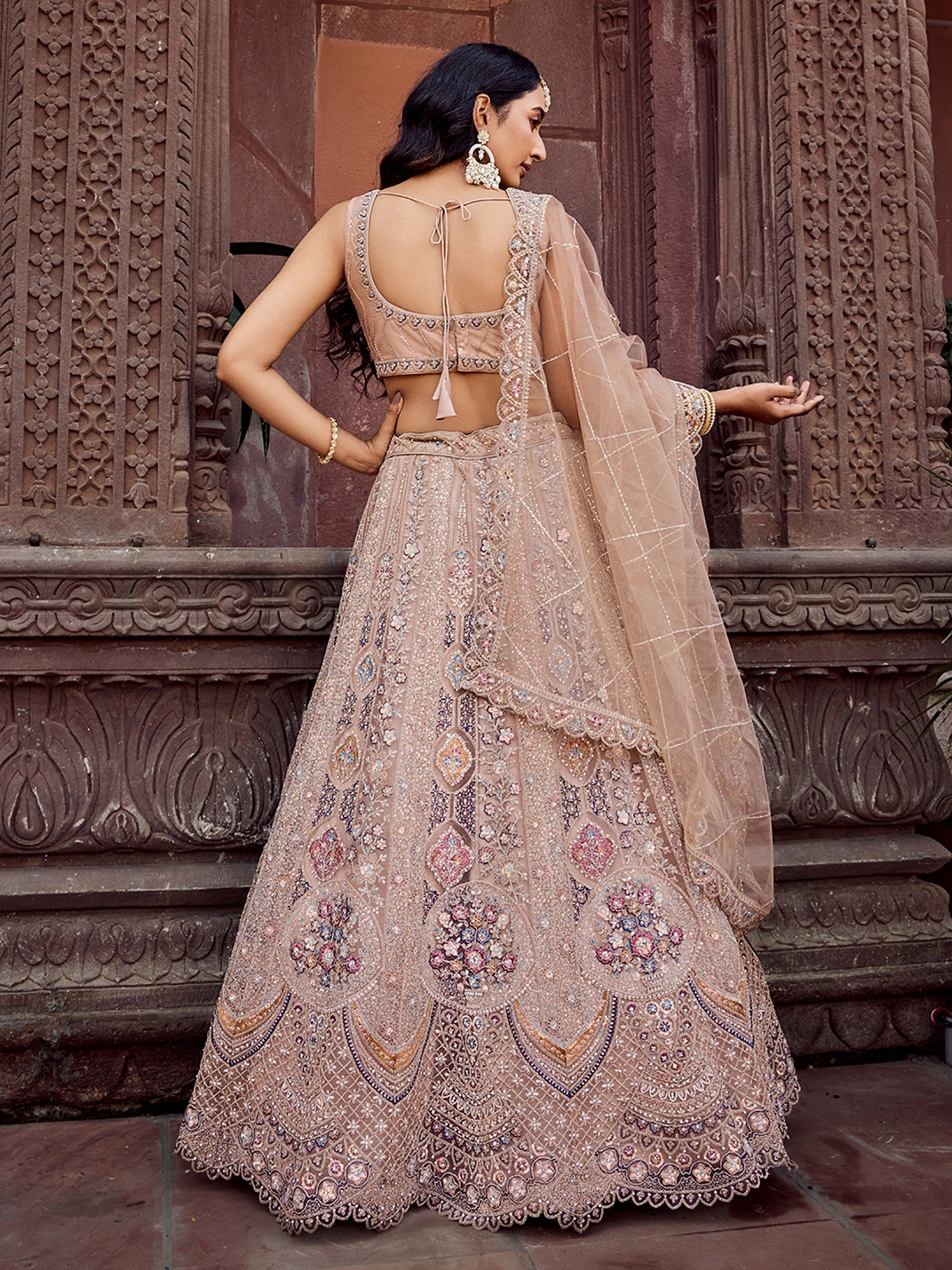 Extraordinary Beige Thread Work Net Traditional Lehenga Choli With Dupatta