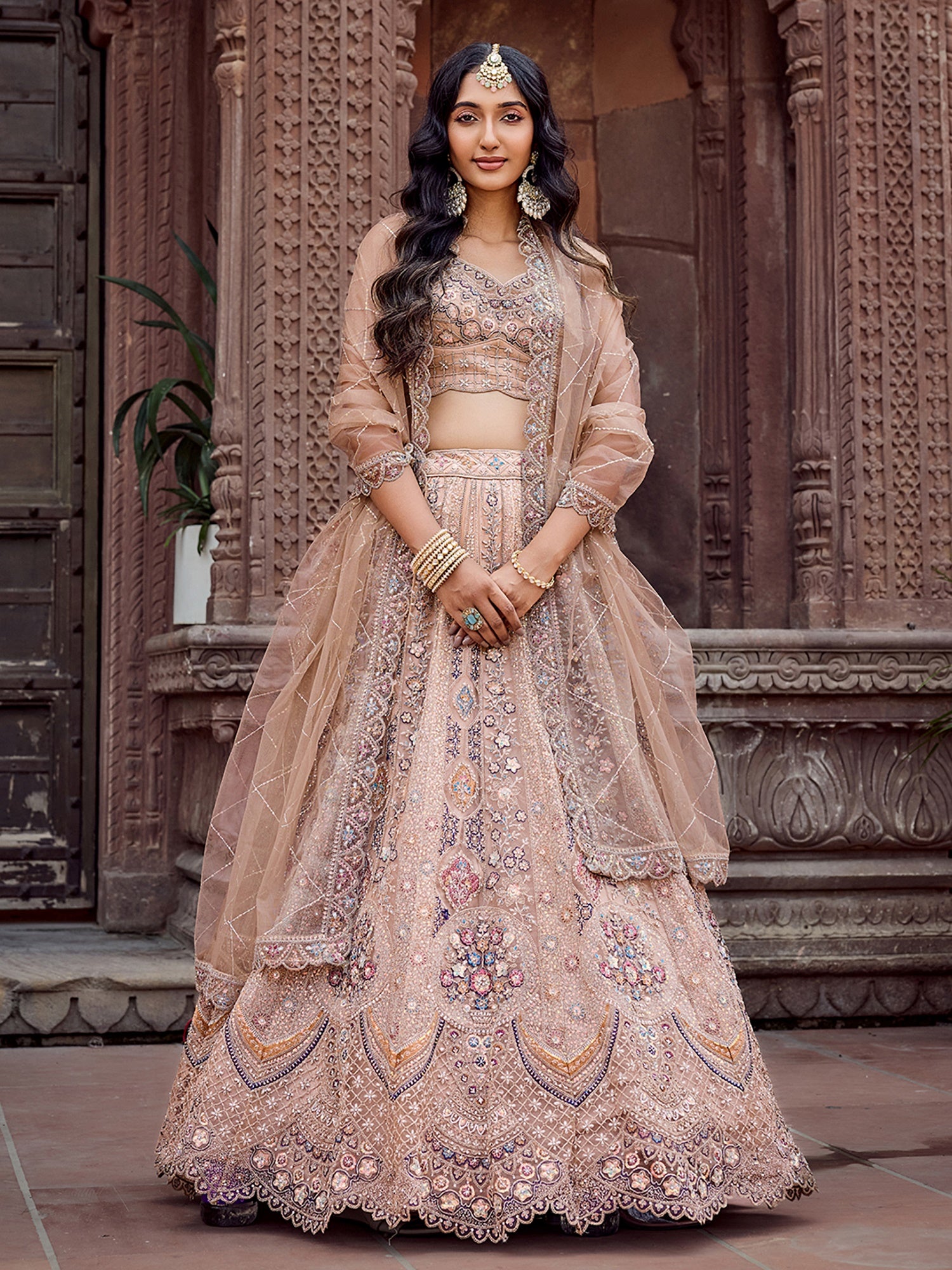 Extraordinary Beige Thread Work Net Traditional Lehenga Choli With Dupatta