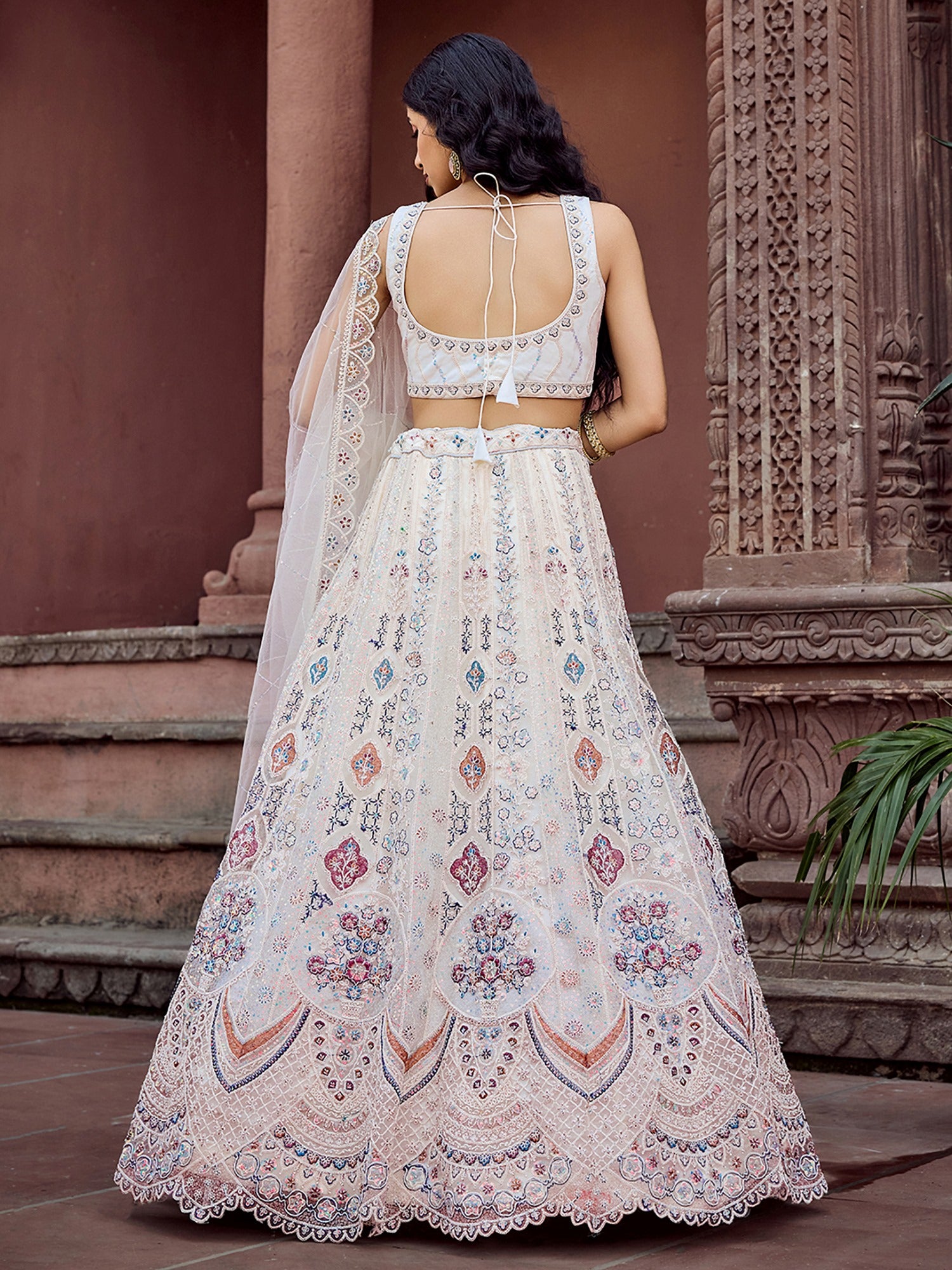 Momentous Cream Sequins Work Net Bridesmaid Lehenga Choli With Dupatta