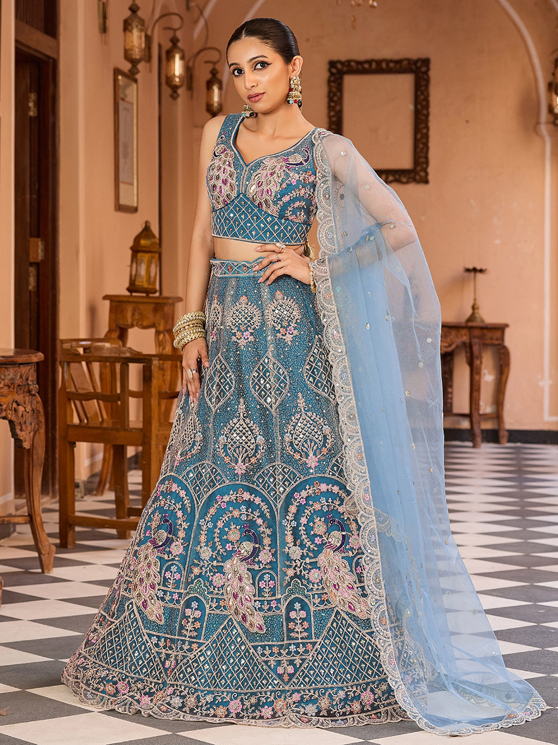 Stylish Teal Blue Sequins Net Event Wear Lehenga Choli With Dupatta