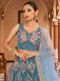 Stylish Teal Blue Sequins Net Event Wear Lehenga Choli With Dupatta