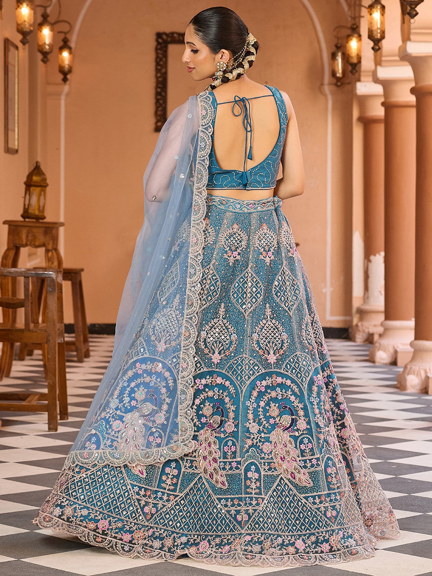 Stylish Teal Blue Sequins Net Event Wear Lehenga Choli With Dupatta