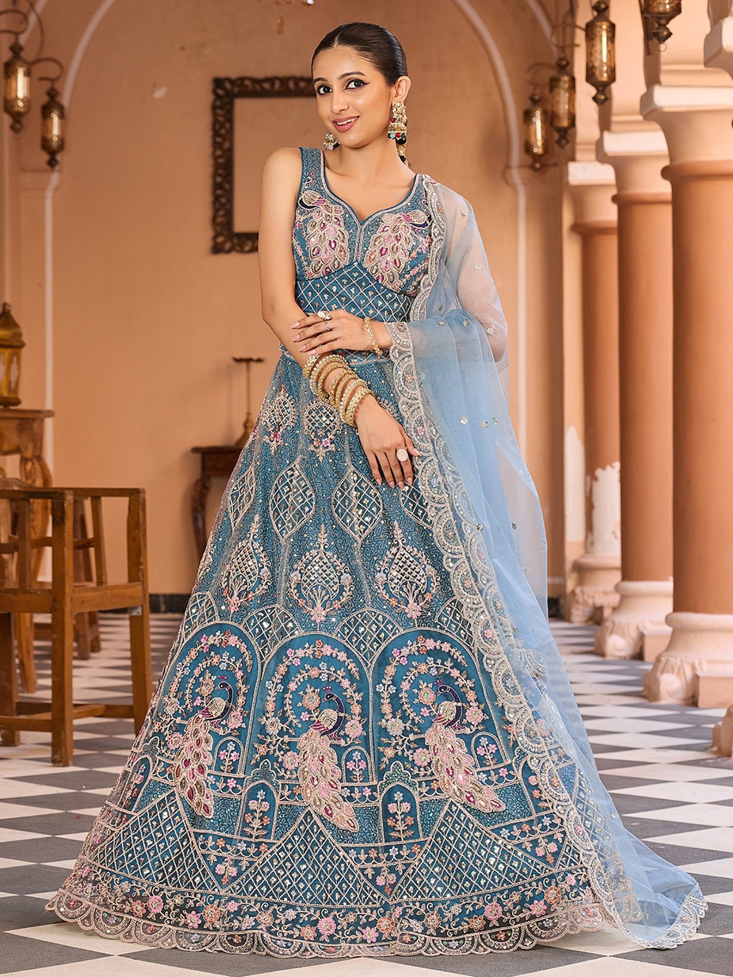 Stylish Teal Blue Sequins Net Event Wear Lehenga Choli With Dupatta