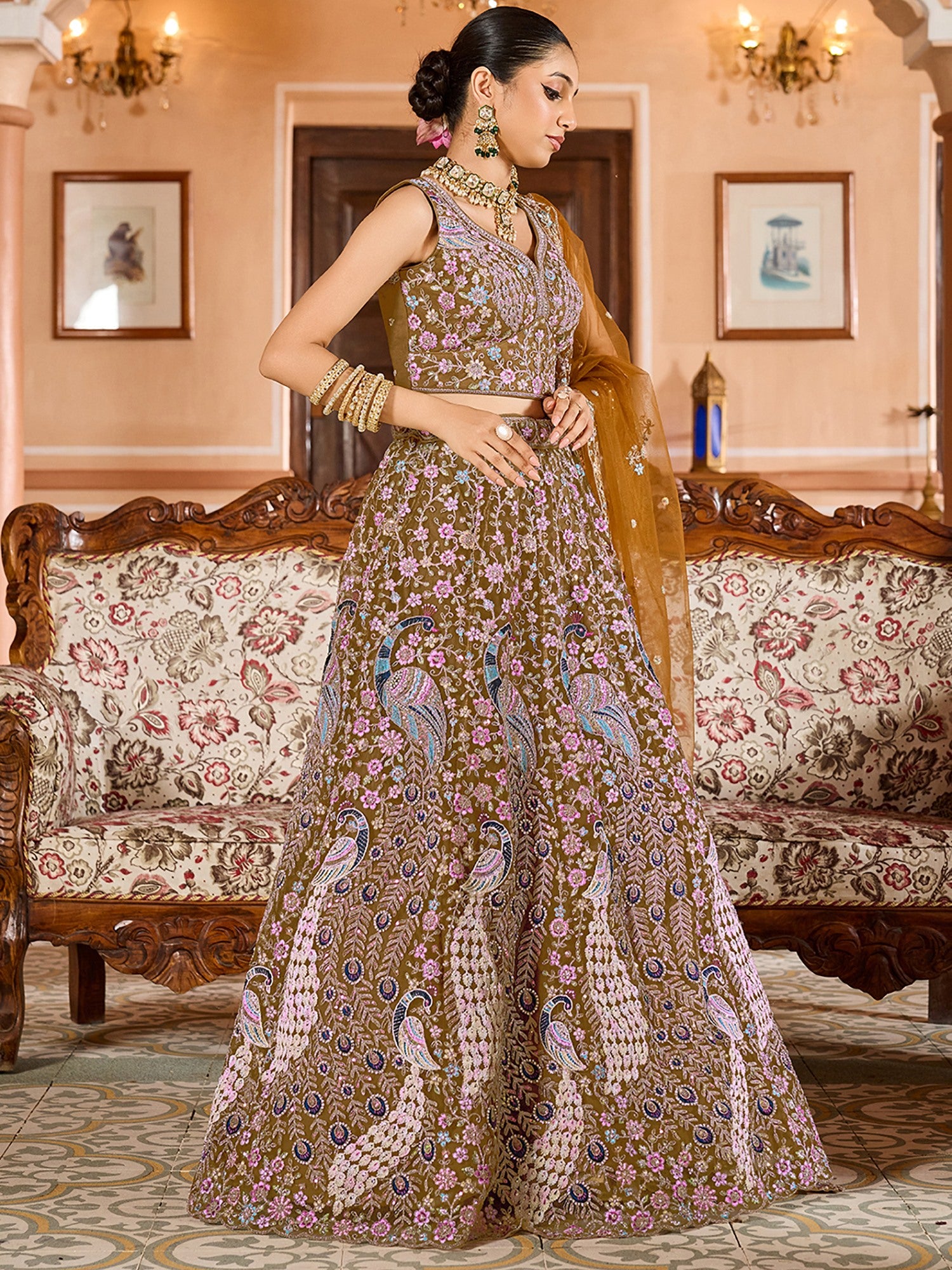 Classy Mustard Yellow Thread Work Net Evening Wear Lehenga Choli With Dupatta