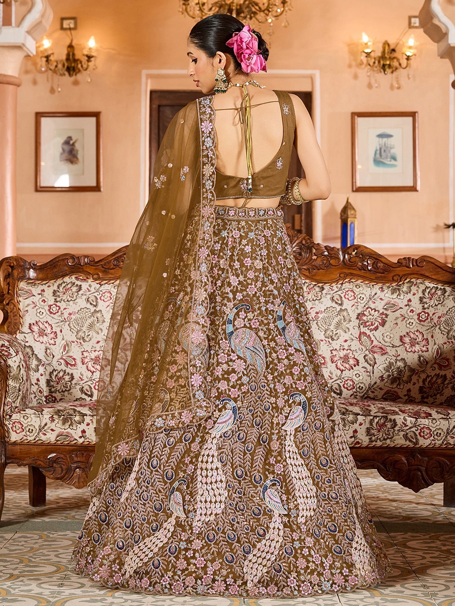 Classy Mustard Yellow Thread Work Net Evening Wear Lehenga Choli With Dupatta