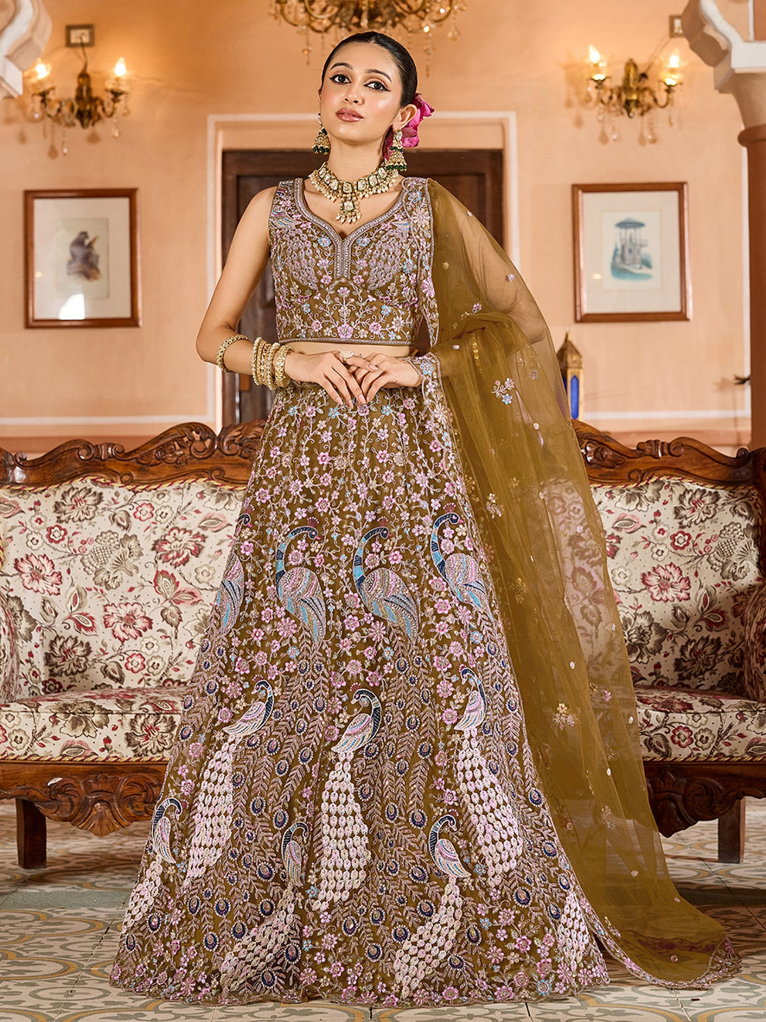 Classy Mustard Yellow Thread Work Net Evening Wear Lehenga Choli With Dupatta