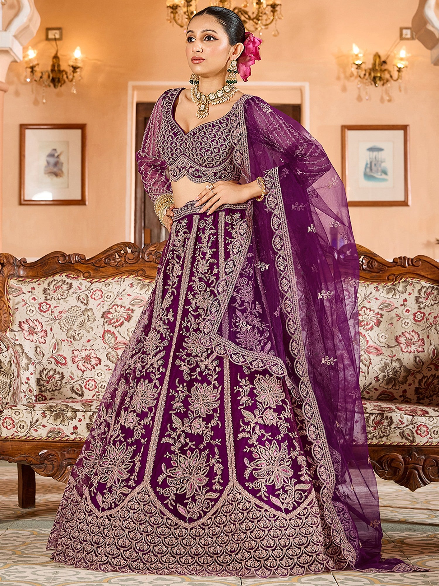 Memorable Burgundy Thread Embroidered Net Function Wear Lehenga Choli