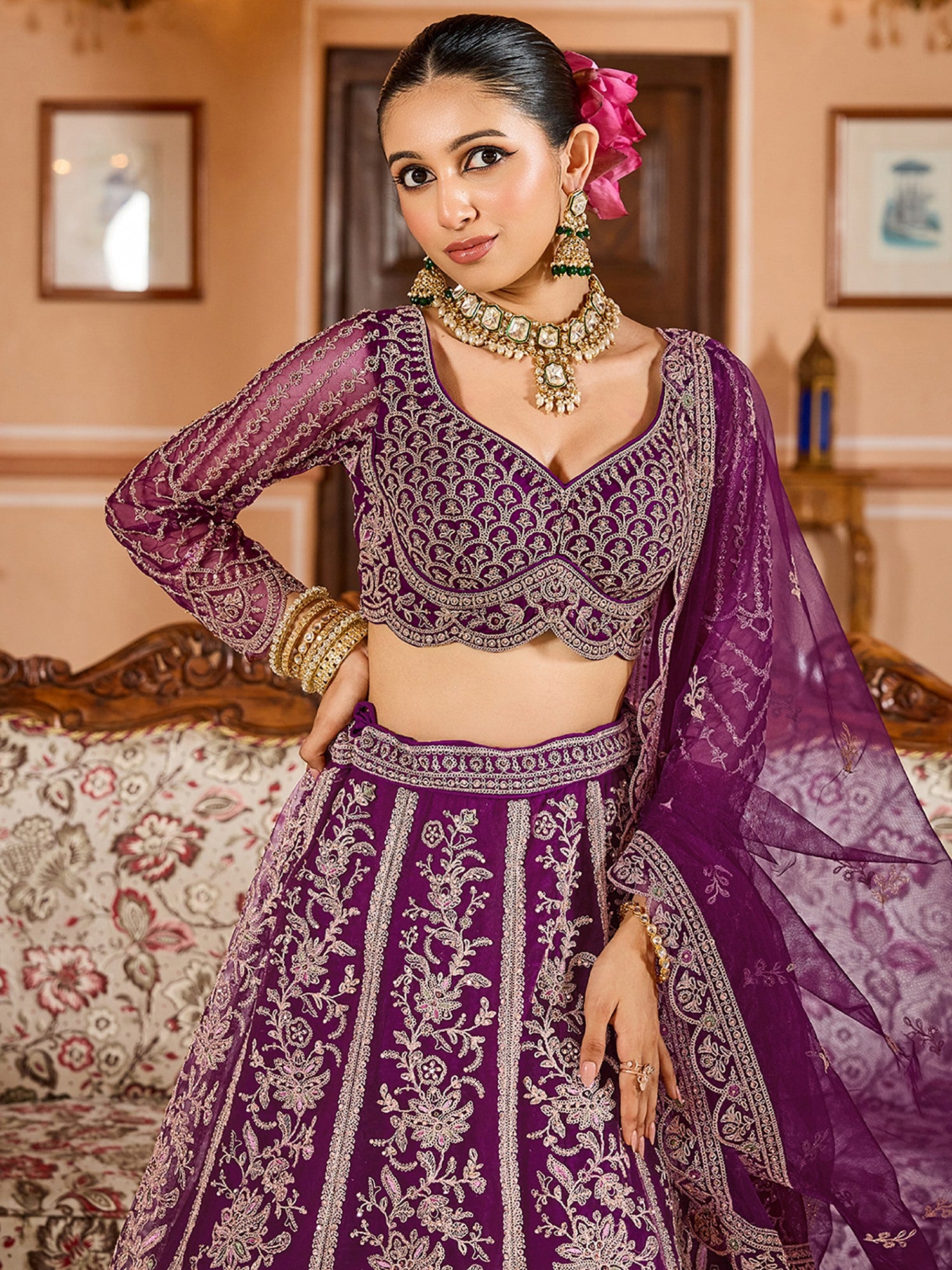 Memorable Burgundy Thread Embroidered Net Function Wear Lehenga Choli