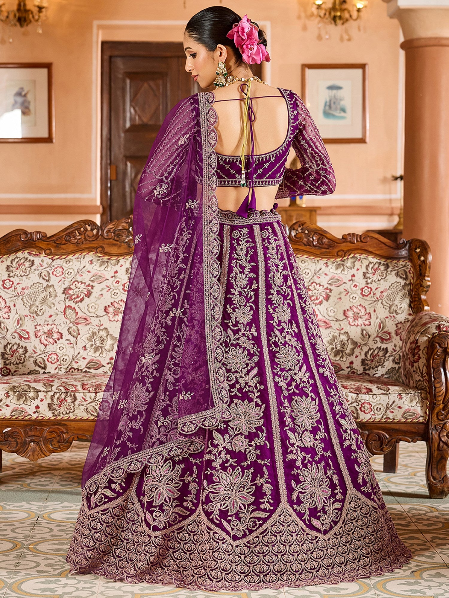 Memorable Burgundy Thread Embroidered Net Function Wear Lehenga Choli