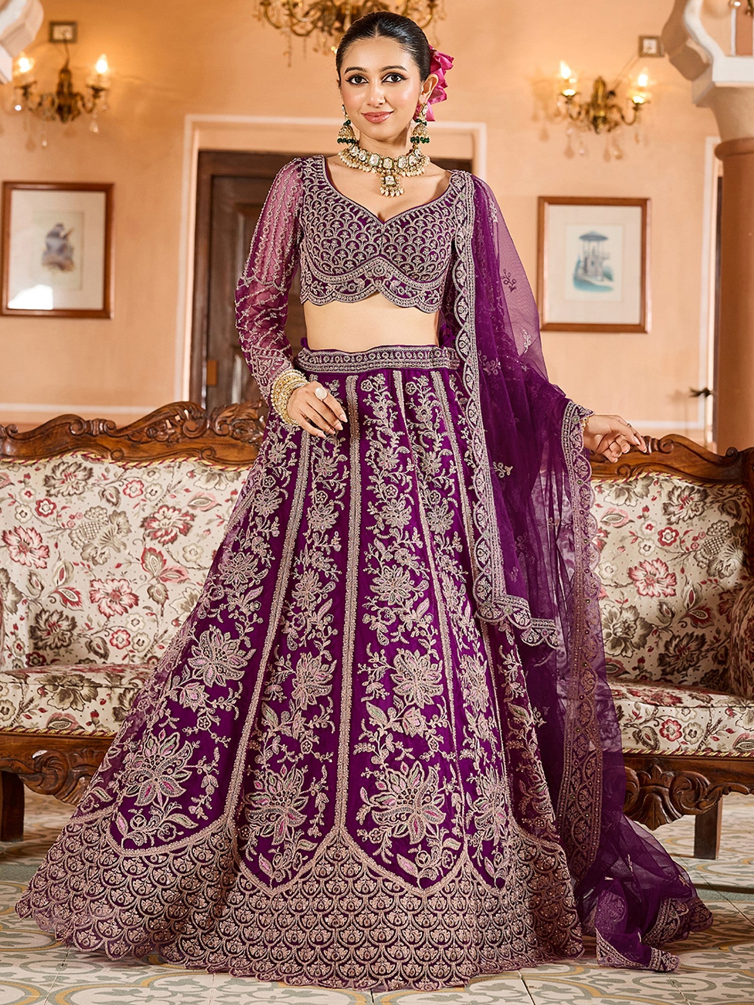 Memorable Burgundy Thread Embroidered Net Function Wear Lehenga Choli