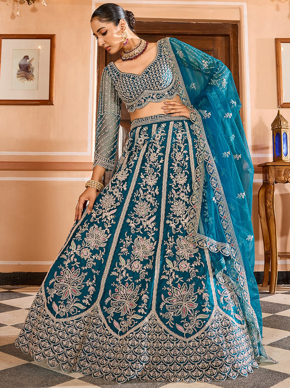 Glowing Teal Blue Floral Embroidered Net Reception Wear Lehenga Choli