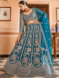 Glowing Teal Blue Floral Embroidered Net Reception Wear Lehenga Choli