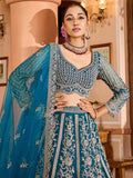 Glowing Teal Blue Floral Embroidered Net Reception Wear Lehenga Choli