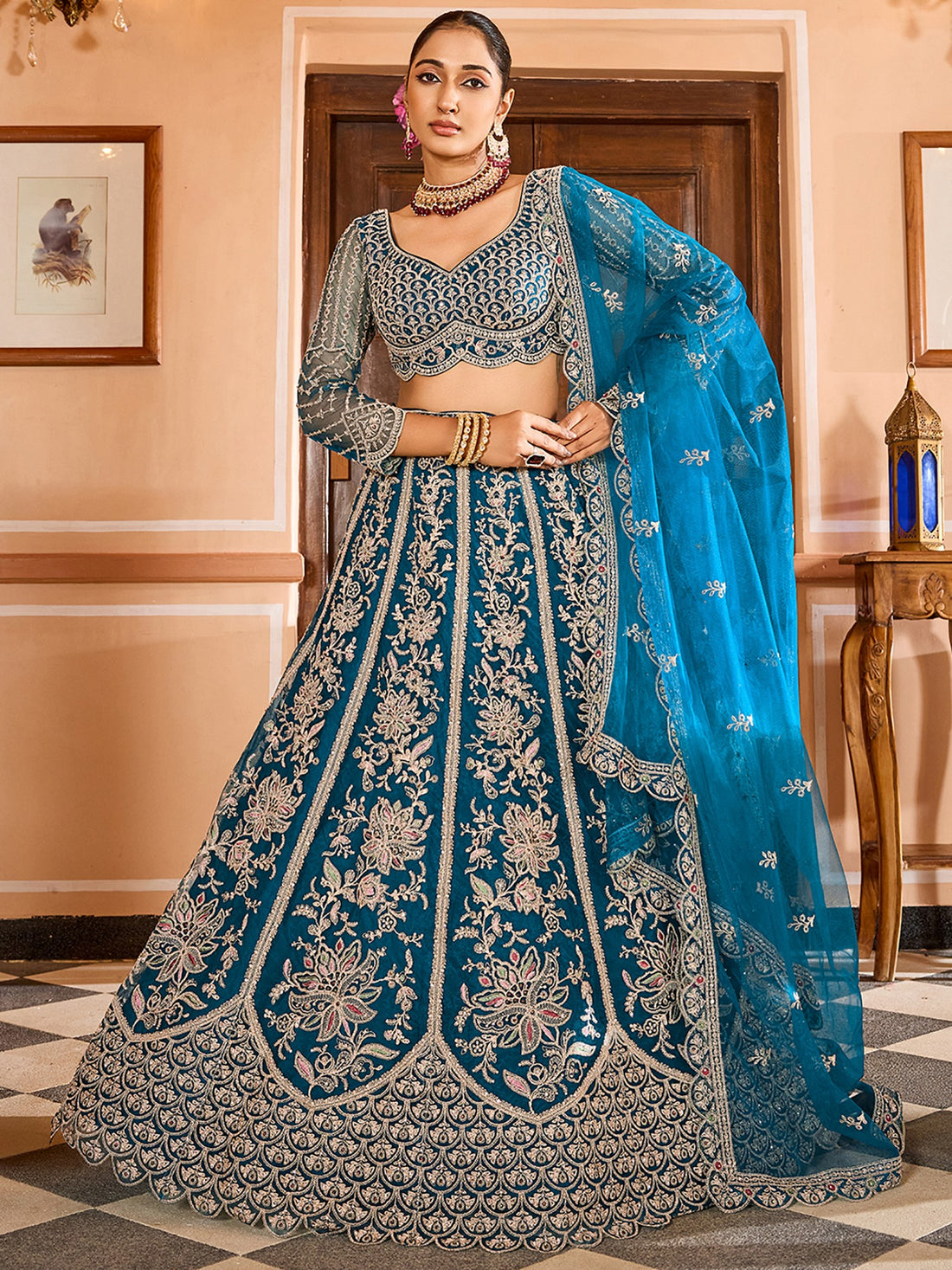 Glowing Teal Blue Floral Embroidered Net Reception Wear Lehenga Choli