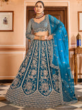 Glowing Teal Blue Floral Embroidered Net Reception Wear Lehenga Choli