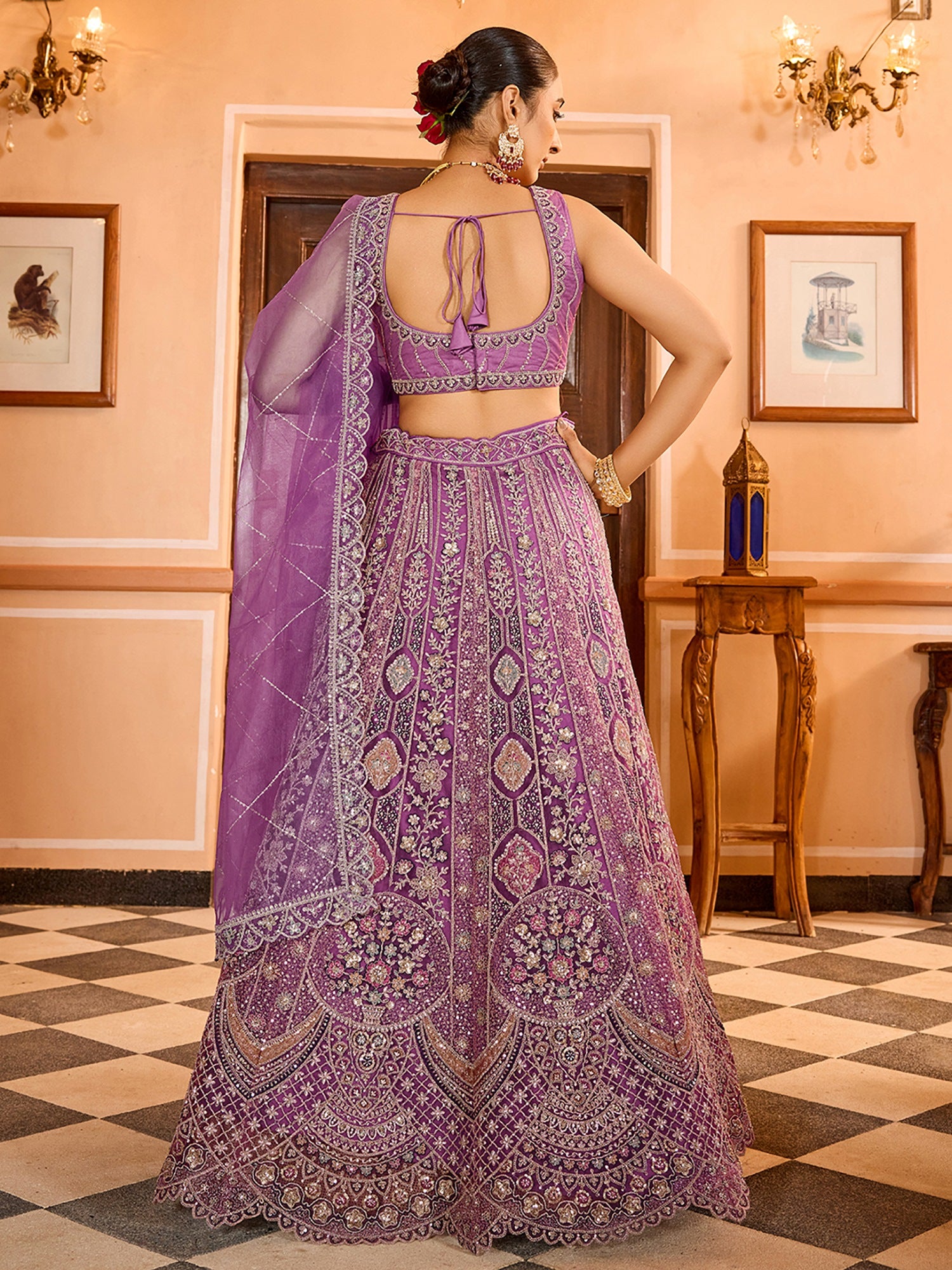 Dazzling Lavender Sequins Work Net Bridesmaid Lehenga Choli With Dupatta