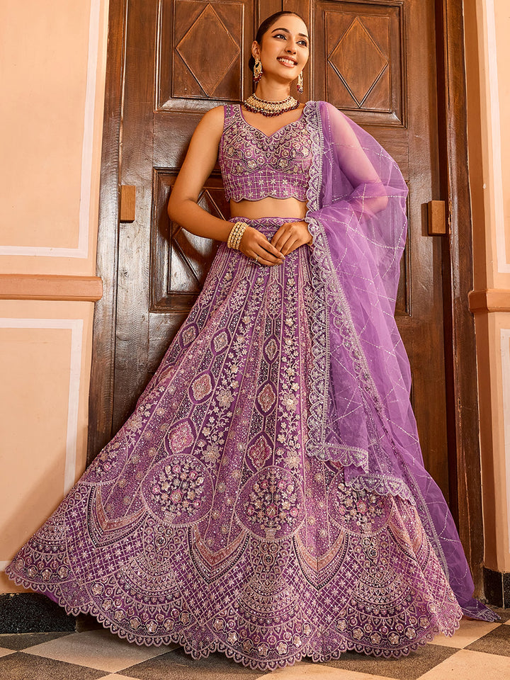 Dazzling Lavender Sequins Work Net Bridesmaid Lehenga Choli With Dupatta