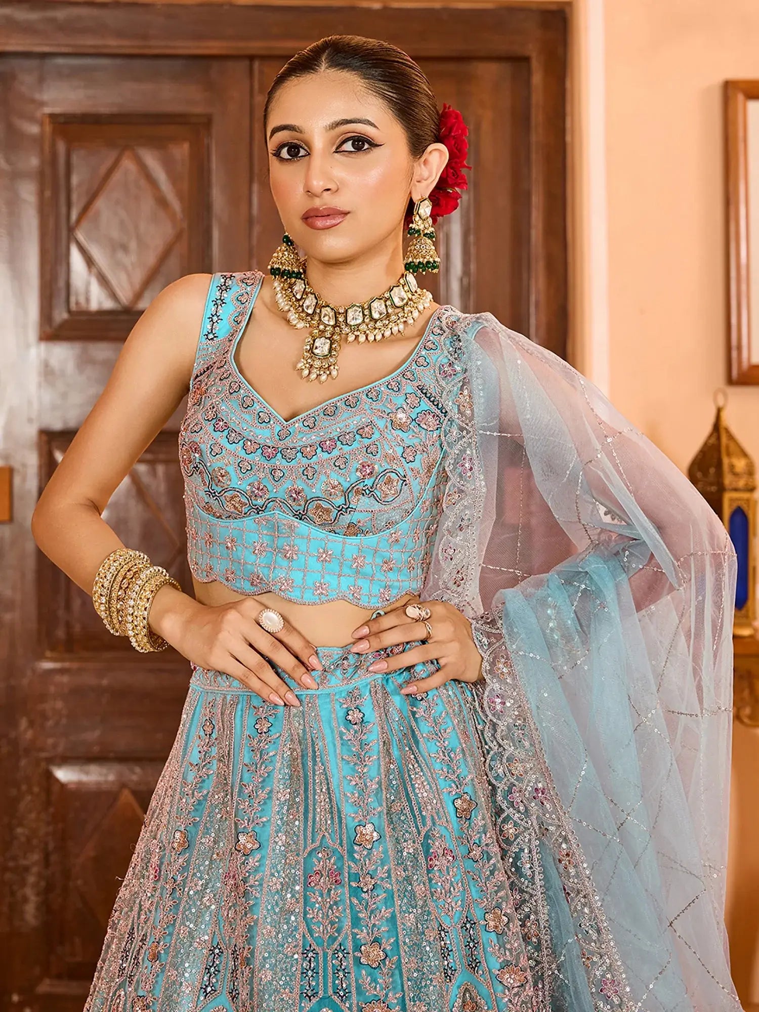 Adorable Turquoise Embroidery Net Evening Wear Lehenga Choli With Dupatta