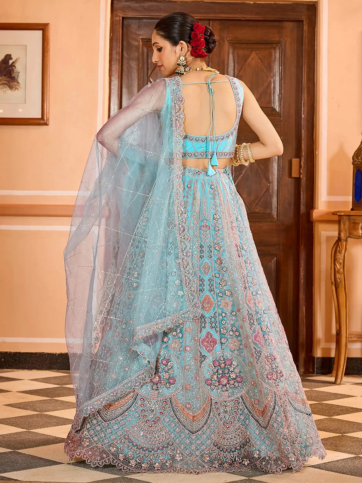 Adorable Turquoise Embroidery Net Evening Wear Lehenga Choli With Dupatta
