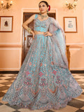 Adorable Turquoise Embroidery Net Evening Wear Lehenga Choli With Dupatta