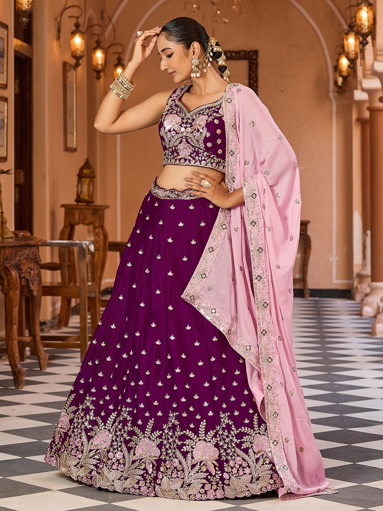 Elegant Purple Sequins Work Georgette Engagement Wear Lehenga Choli With Dupatta