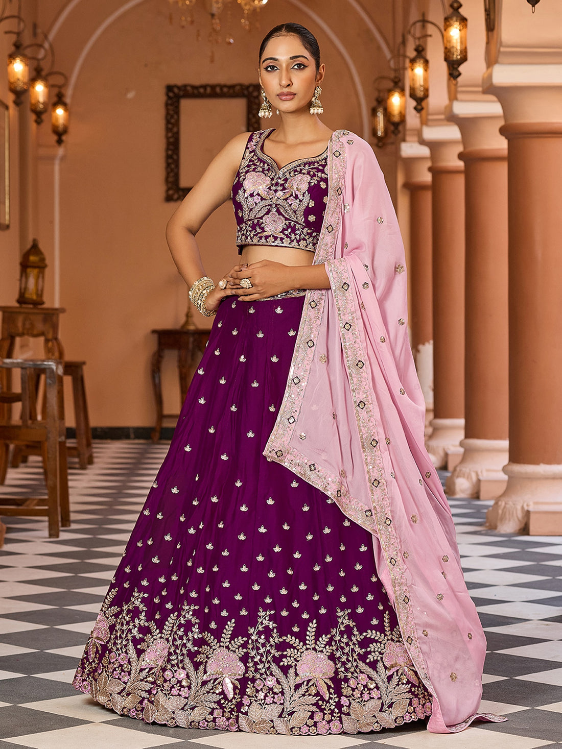 Elegant Purple Sequins Work Georgette Engagement Wear Lehenga Choli With Dupatta