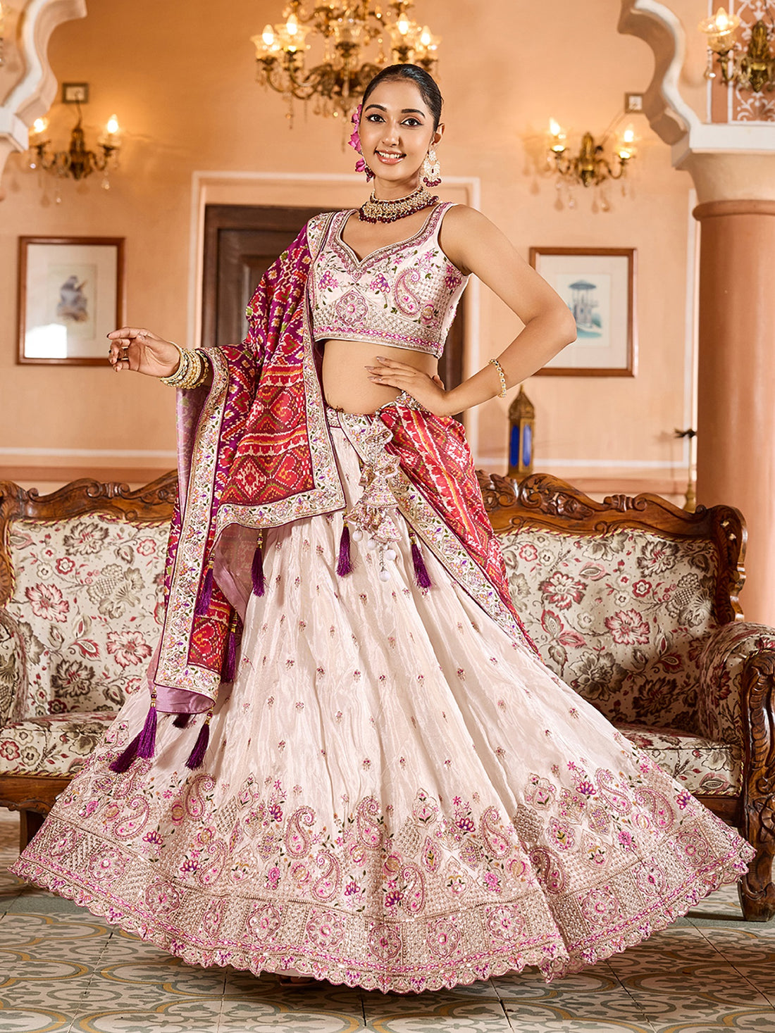 Significant Cream Embroidered Tissue Designer Lehenga Choli With Dupatta
