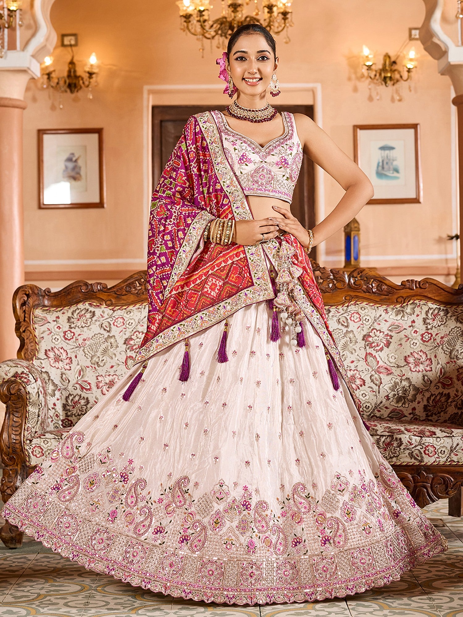 Significant Cream Embroidered Tissue Designer Lehenga Choli With Dupatta