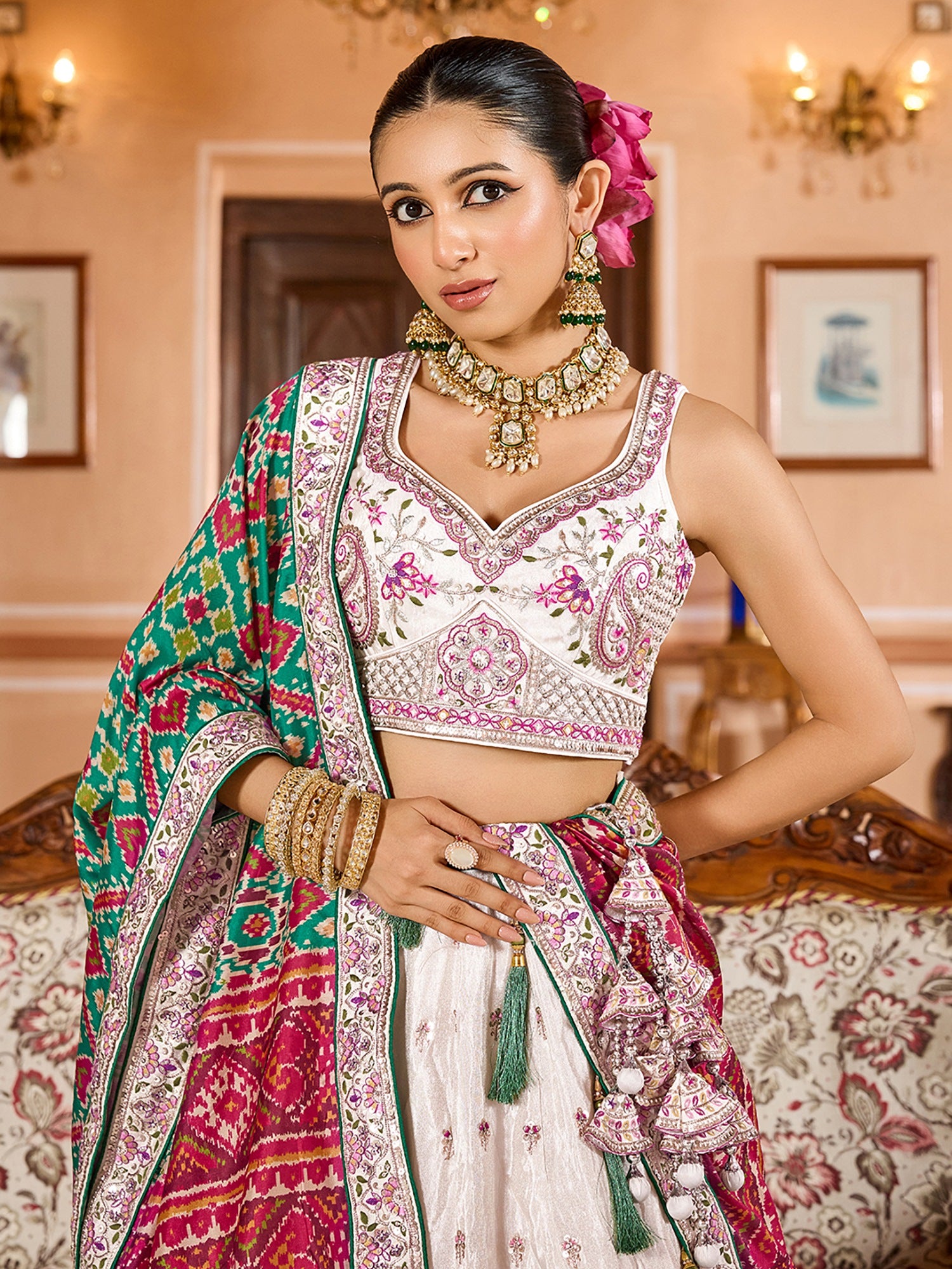 Grand Cream Tissue Evening Wear Lehenga Choli With Patola Print Dupatta