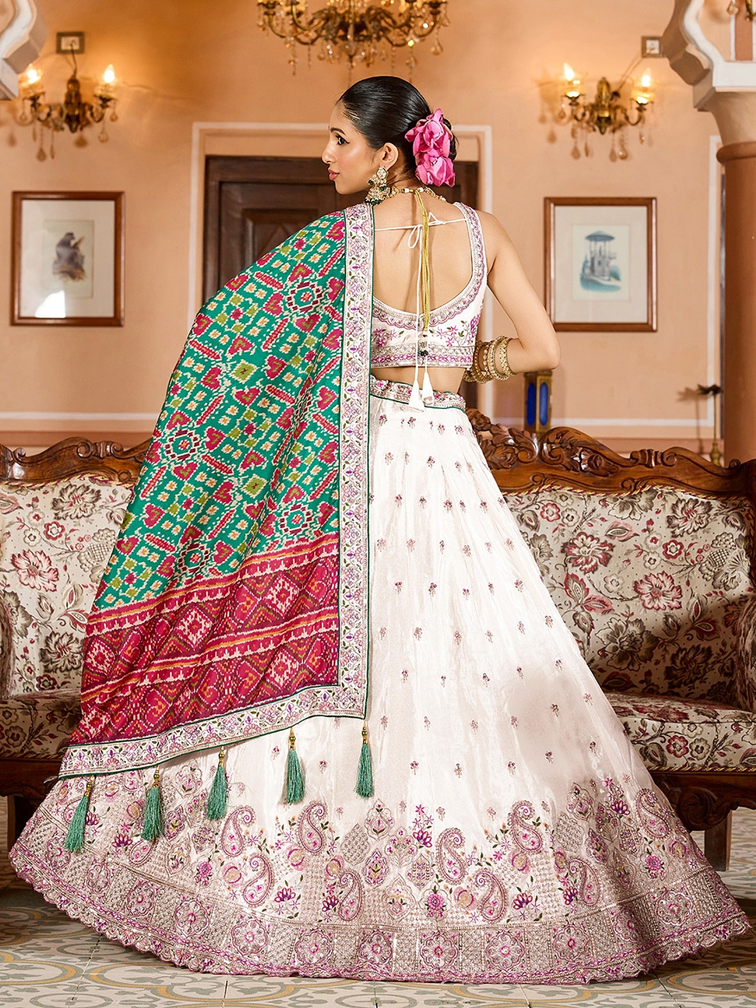 Grand Cream Tissue Evening Wear Lehenga Choli With Patola Print Dupatta