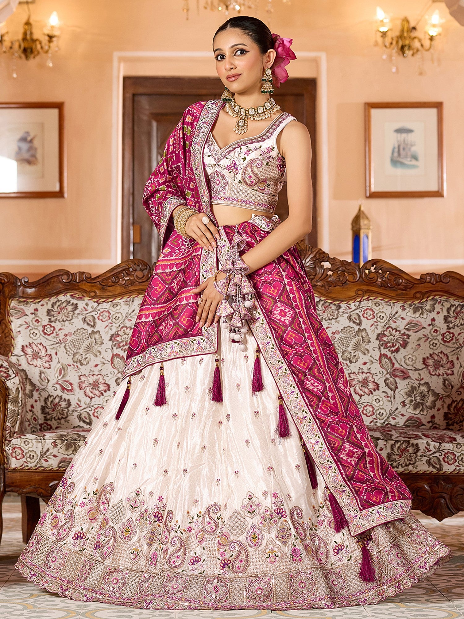 Great Cream Tissue Thread Work Marraige Wear Lehenga Choli With Dupatta