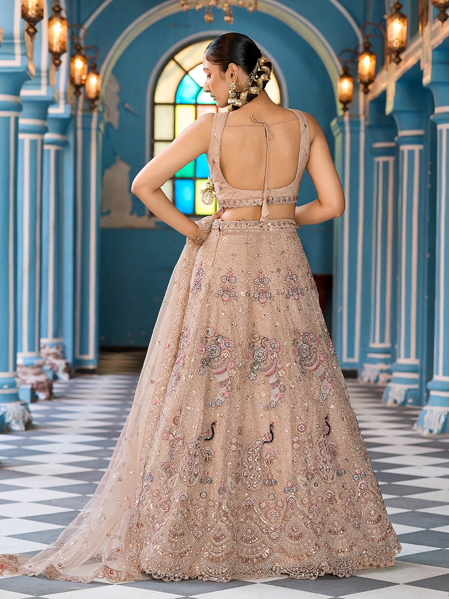 Timeless Beige Net Floral Embroidered Bridesmaid Lehenga With Blouse