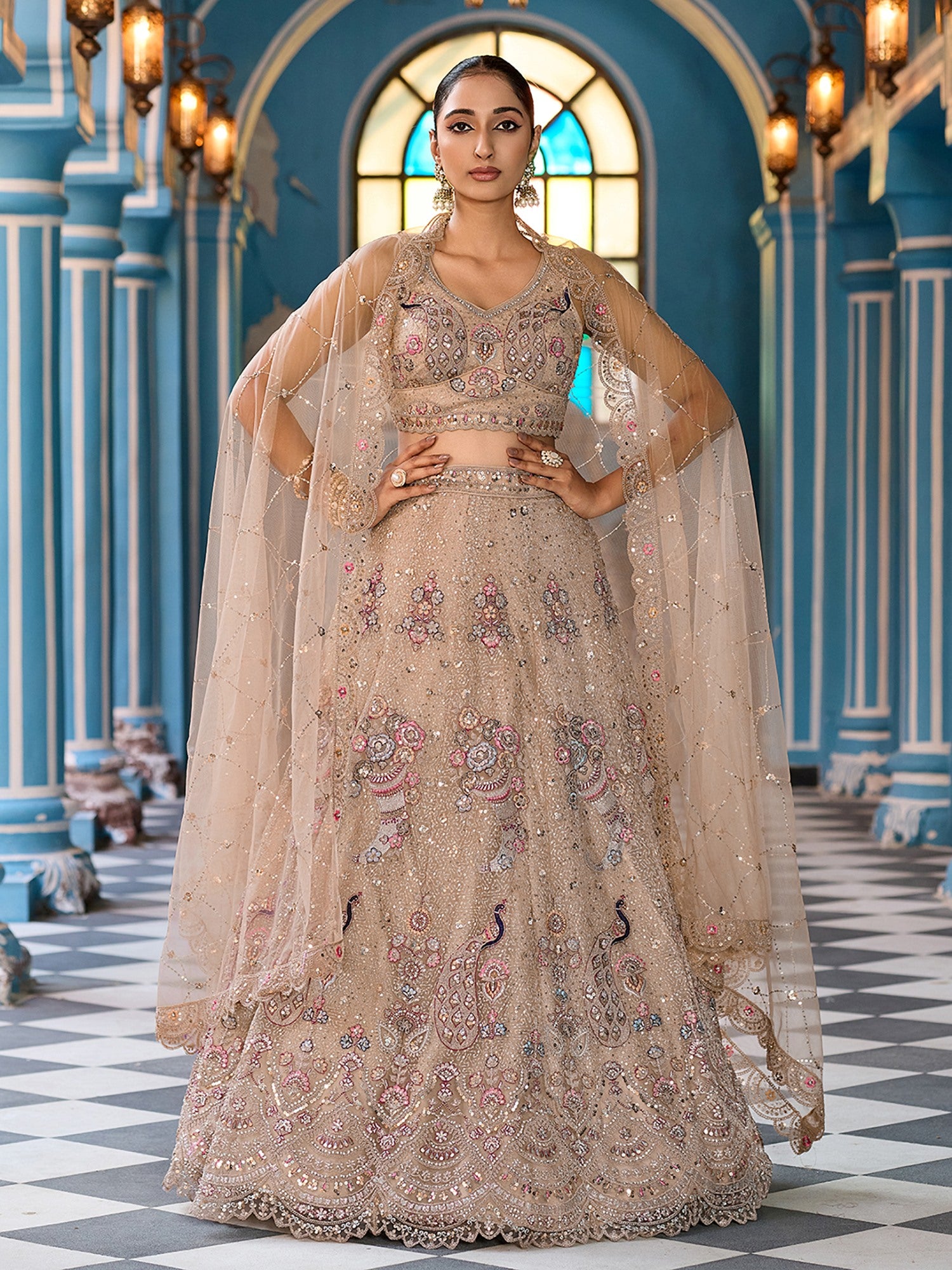 Timeless Beige Net Floral Embroidered Bridesmaid Lehenga With Blouse