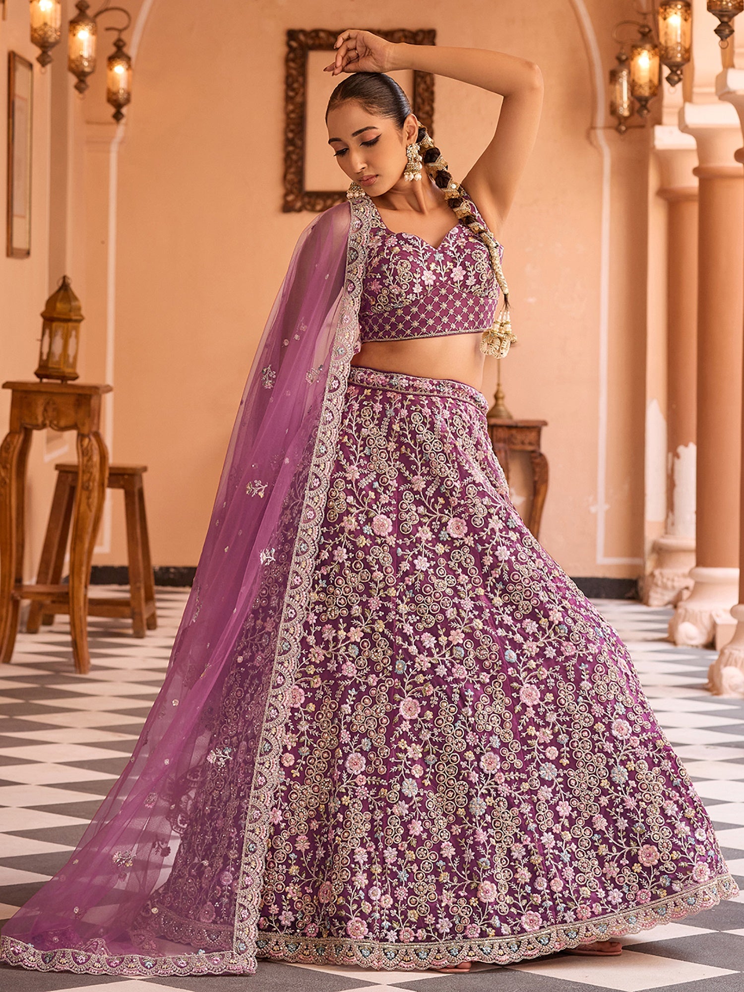 Glorious Burgundy Net Thread Embroidered Engagement Lehenga Choli With Dupatta