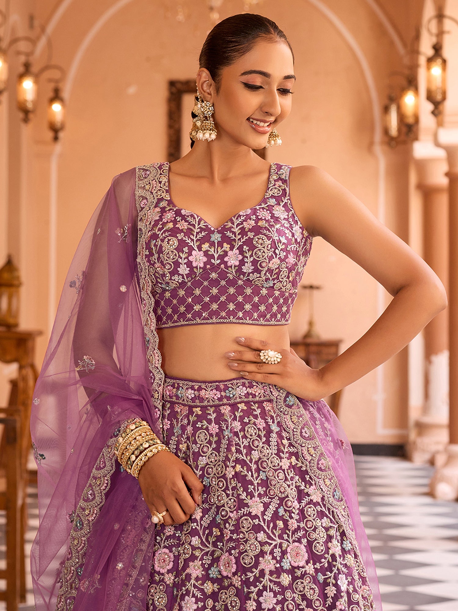 Glorious Burgundy Net Thread Embroidered Engagement Lehenga Choli With Dupatta