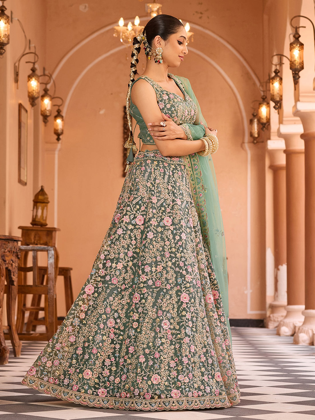 Superb Pista Green Net Sequins Work Wedding Wear Lehenga Choli With Dupatta
