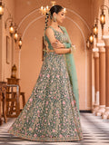 Superb Pista Green Net Sequins Work Wedding Wear Lehenga Choli With Dupatta