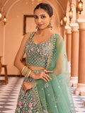 Superb Pista Green Net Sequins Work Wedding Wear Lehenga Choli With Dupatta