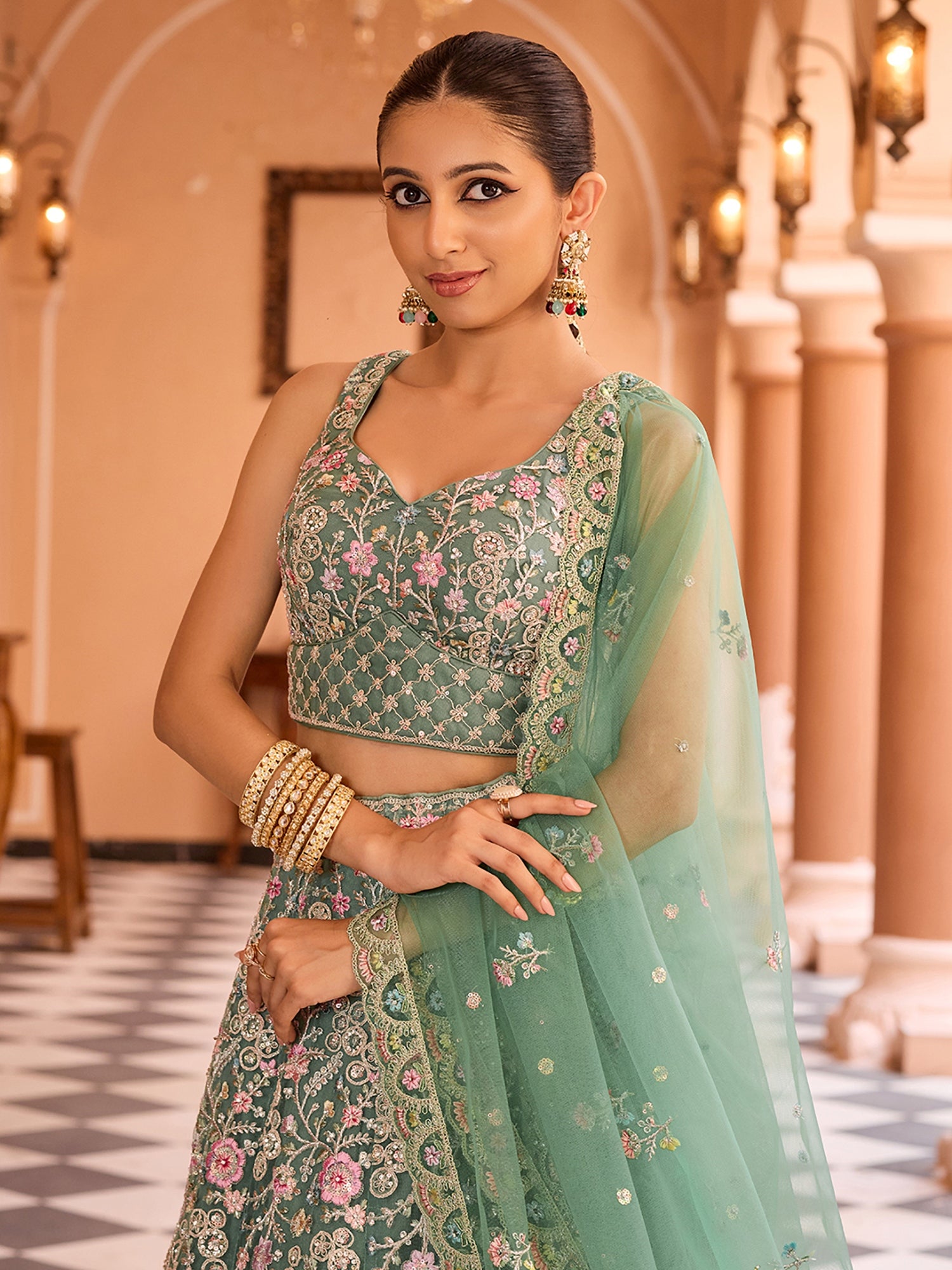 Superb Pista Green Net Sequins Work Wedding Wear Lehenga Choli With Dupatta