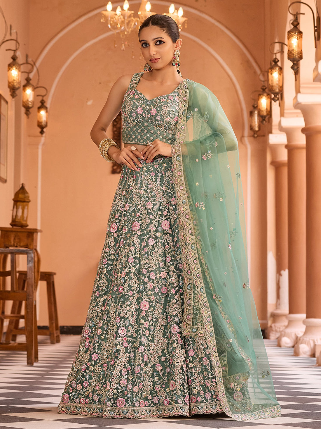 Superb Pista Green Net Sequins Work Wedding Wear Lehenga Choli With Dupatta