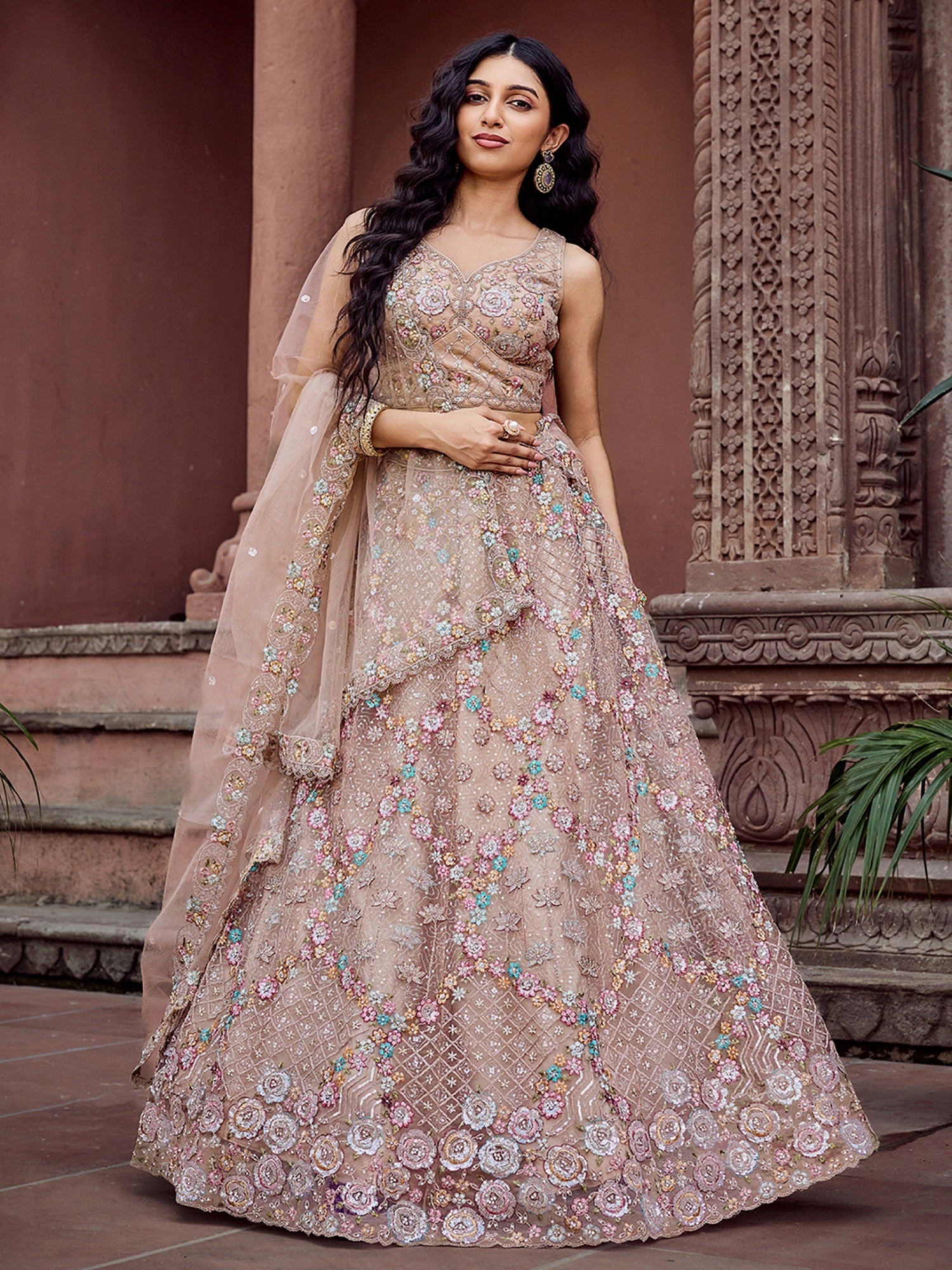 Luxurious Beige Net Floral Embroidery Function Wear Lehenga Choli With Dupatta