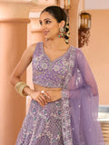 Beautiful Mauve Net Thread Work Reception Wear Lehenga Choli With Dupatta