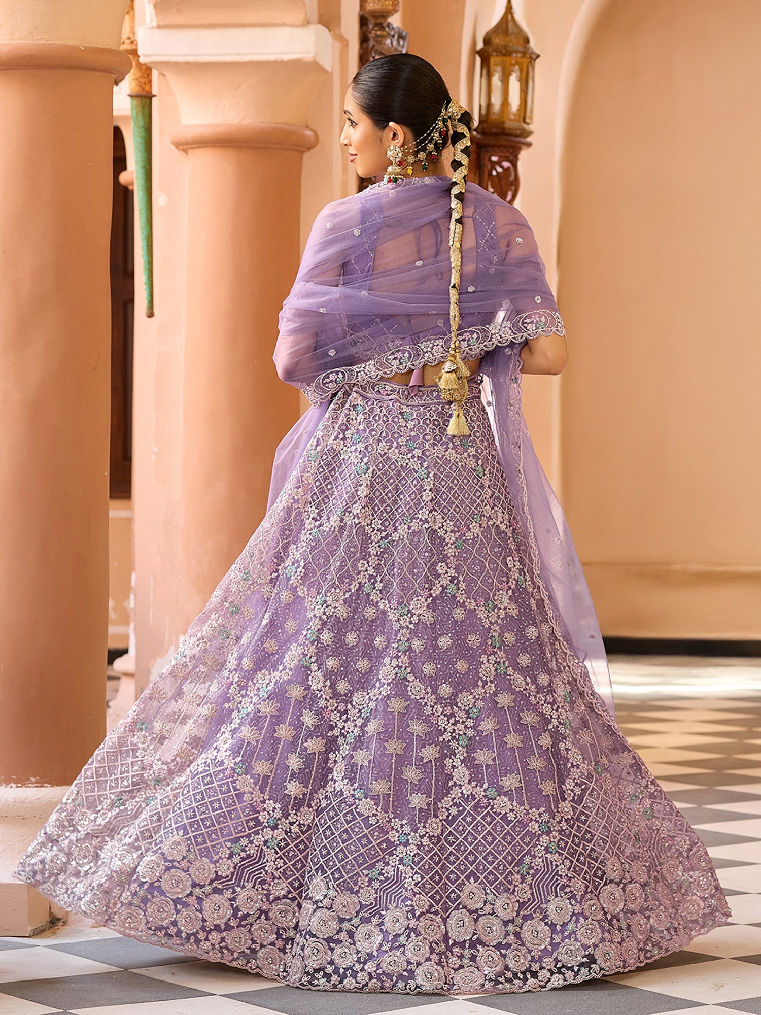 Beautiful Mauve Net Thread Work Reception Wear Lehenga Choli With Dupatta