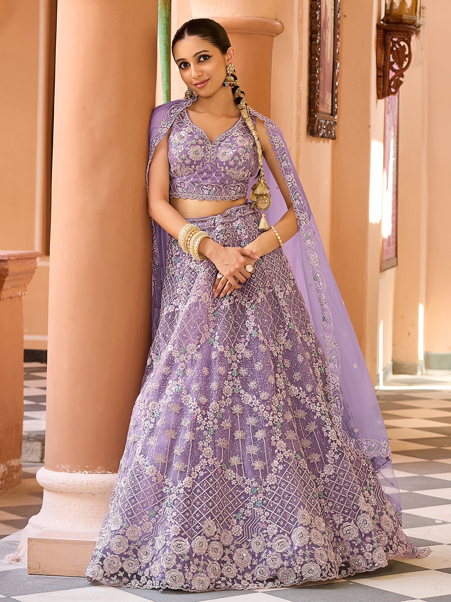 Beautiful Mauve Net Thread Work Reception Wear Lehenga Choli With Dupatta